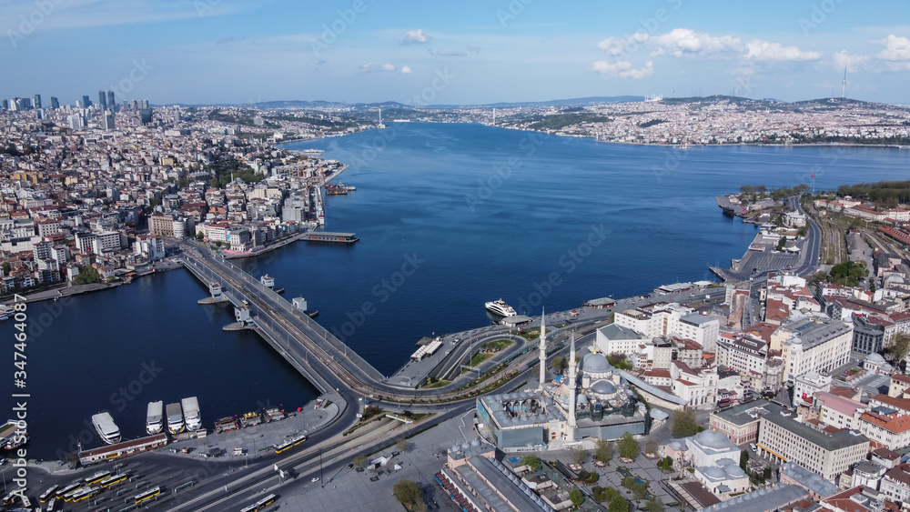 Aerial view of Galata Bridge, Golden Horn and New Mosque.