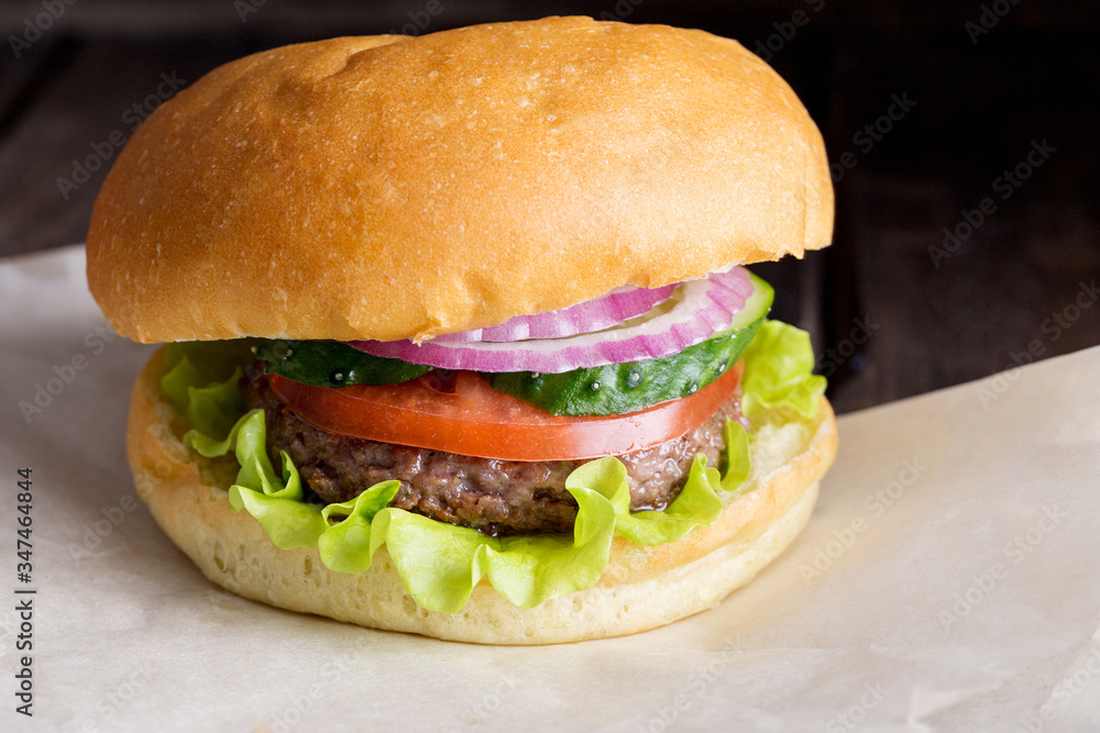 Close up tasty burger with beef, tomato, cucumber, onion and salad Close up tasty burger with beef, tomato, cucumber, onion and salad