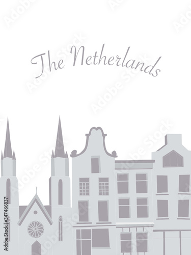 Vector illustration in postcard style with typical Netherlands panoramic view. Brick facades and gothic church
