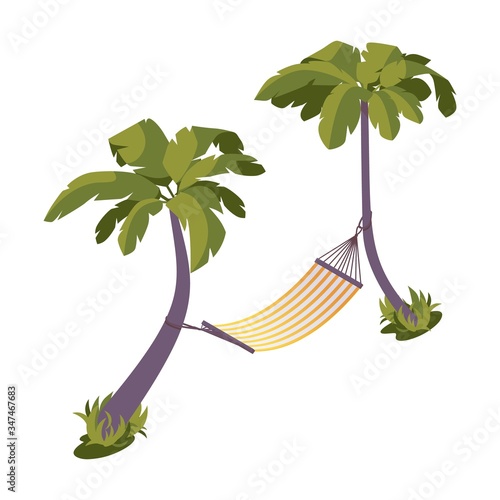 Isometric hammock between palm trees near the sea, hotel, bungalow