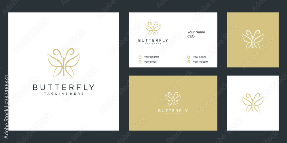 butterfly logo and business card vector line outline monoline icon illustration