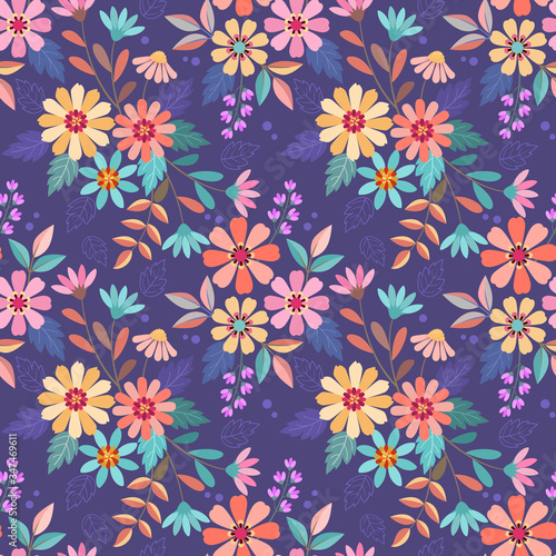 Colorful hand drawn flowers on purple color background seamless pattern vector design. can use for fabric textile wallpaper.