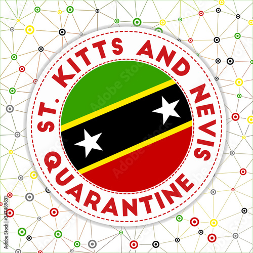 Quarantine in St. Kitts and Nevis sign. Round badge with flag of St. Kitts and Nevis. Country lockdown emblem with title and virus signs. Vector illustration.