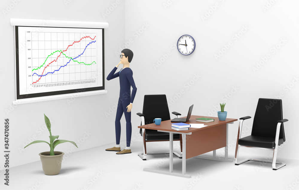 Businessman is standing into a separate office in front of a board with a chart of growth. 3D illustration