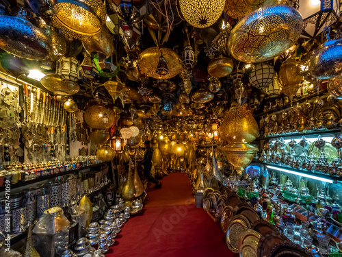 Golden lamps in a shop in Marrakesh