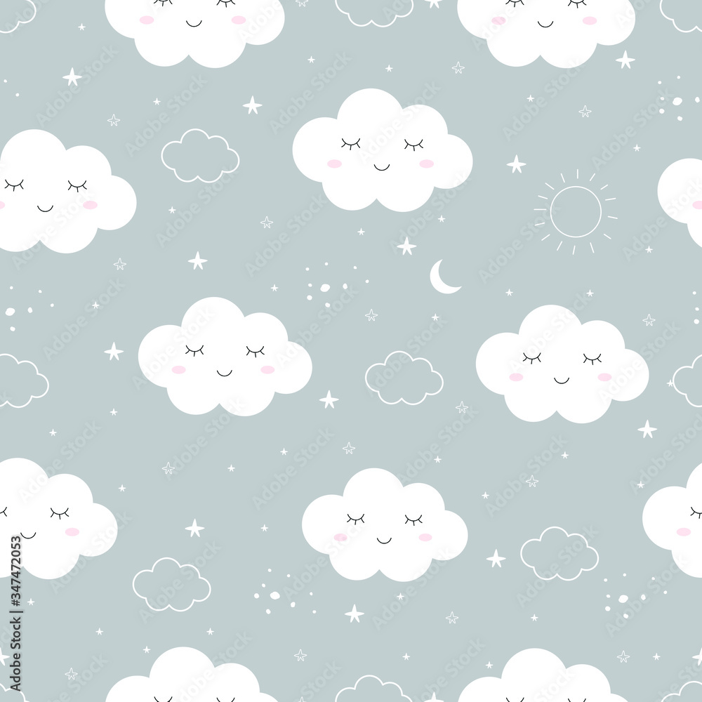 Seamless pattern of the sky With white cloud and star Cute cartoon style design Used for publication, gift wrapping, fabric, textile, vector illustration