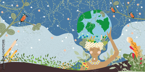 Mother earth day poster with hand holding planet,Nature fo woman. Cute cartoon Vector Girl with wild natural forest and globe,World environment background,Save the earth or Earth day,Green day concept