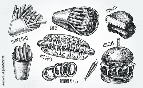 Ink hand drawn set of various burgers, hot dog, greek gyros, French fries, nuggets.  Fast Food elements collection for menu or signboard design. Vector illustration.