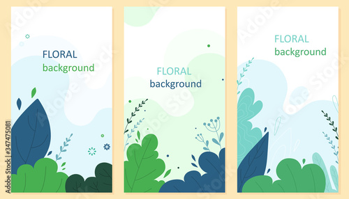 Floral background. Vector set of backgrounds in cartoon flat style.