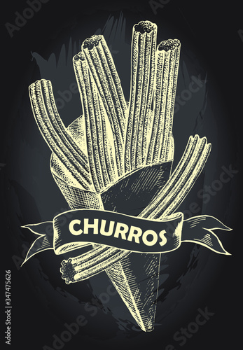 Delicious spanish dessert churros. Food elements collection. Ink hand drawn Vector illustration. Menu or signboard template.