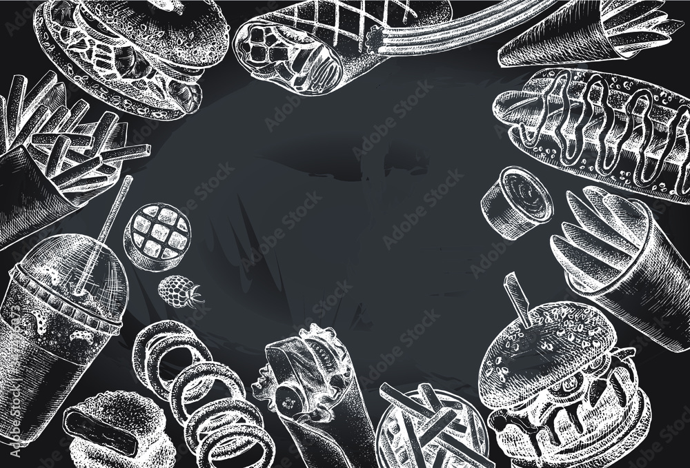 Φωτογραφία Ink hand drawn background of various burgers, hot dog, burrito, French fries, nuggets