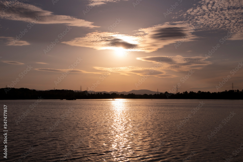 Naklejka premium Beautiful sunset over lake Rakitje, fishing paradise for fishermen around Zagreb city and nesting ground for population of tern birds that nest on islands in the lake