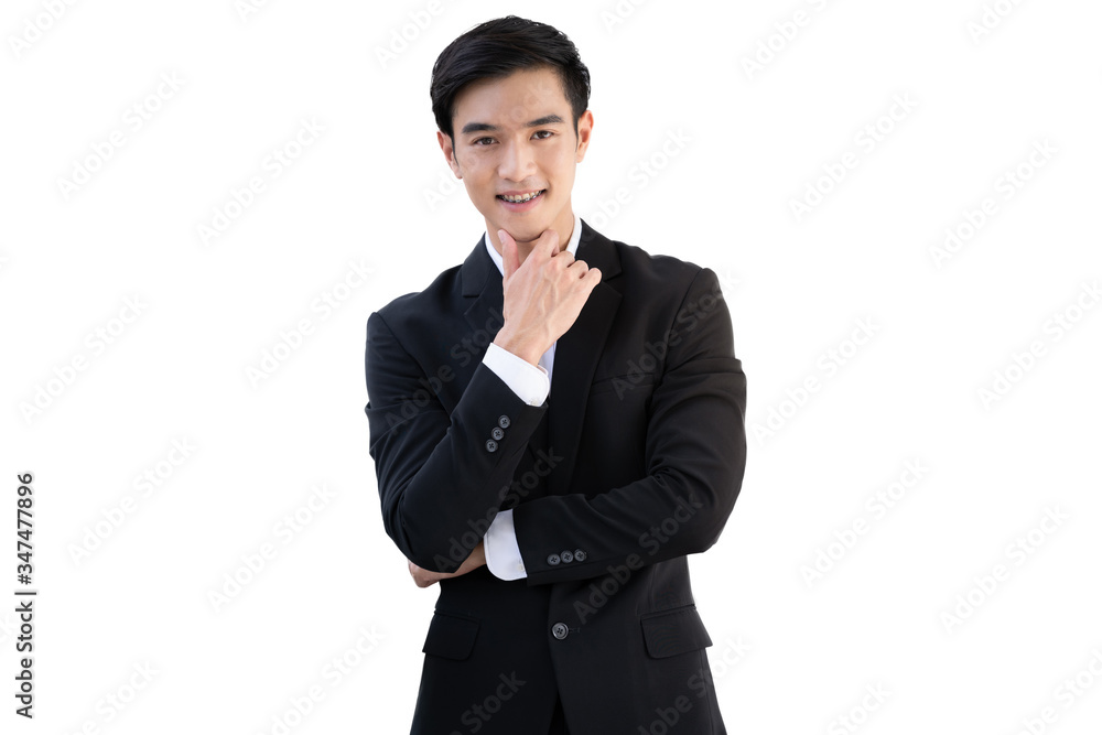 Confident handsome business man in black suit, young asian man smilling isolated on white background Confident handsome business man in black suit, young asian man smilling isolated on white background
