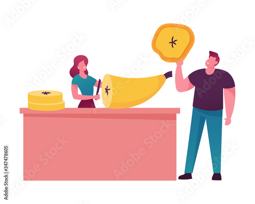 Male and Female Characters Cooking and Eating Fruit Chips. Tiny Woman Cutting Huge Banana, Man Holding Slice Isolated on White Background. Healthy Vegetarian Food. Cartoon People Vector Illustration
