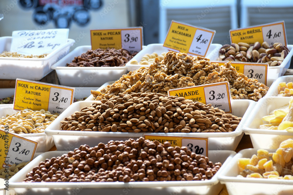 Nice, France, 24th of February 2020: Nuts like almonds, walnuts, peanuts for sale