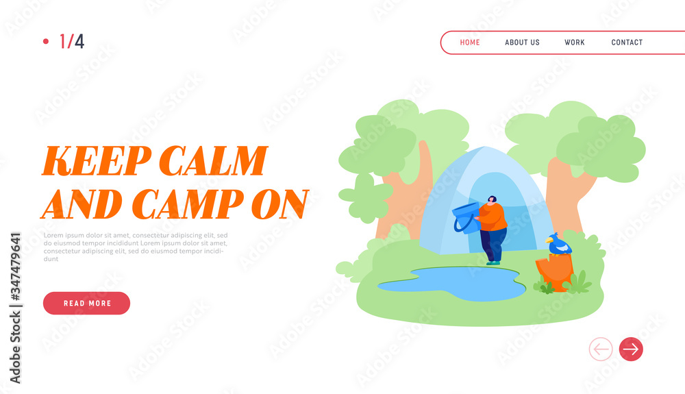 Relaxing on Nature Landing Page Template. Woman Stand with Bucket near Forest Pond Going to Scoop Up Water. Weekend Leisure, Resting Outdoors. Character Camping Hobby. Cartoon Vector Illustration