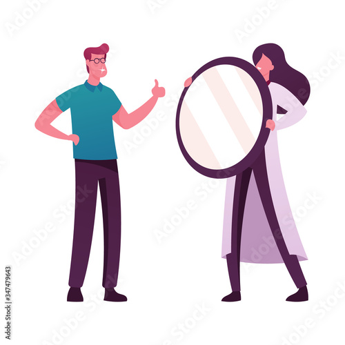 Male Character Looking in Mirror which Doctor Hold Happily Smiling Sparkling with New Dental Veneers in Dentists Cabinet. Happy Client Smile and Show Thumb Up. Cartoon People Vector Illustration