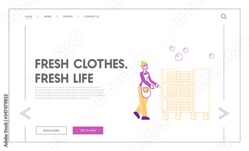 Laundrette Company, Hotel Cleaning Service Landing Page Template. Female Character Employee of Professional Maid Working Push Trolley with Clean Clothes in Laundry. Linear People Vector Illustration