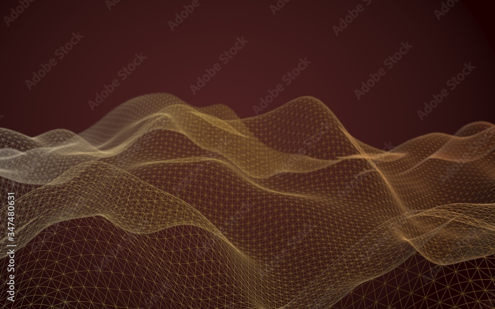 Abstract landscape on a brown background. Cyberspace grid. hi tech network. Depth of field. 3D illustration