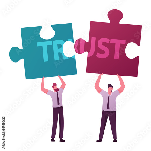 Violation of Agreements and Promises, Lose Credibility. Men Characters Share Puzzle Pieces with Word Trust. Failed to Maintain Professional Reputation Lie and Cheat. Cartoon People Vector Illustration