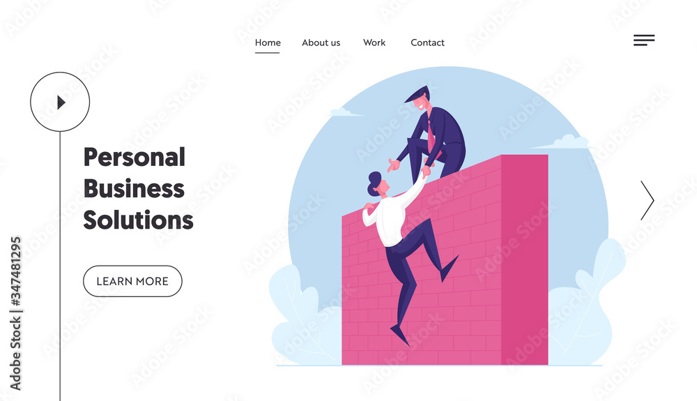 Teamwork, Mutual Assistance Landing Page Template. Business Leader Character Help Colleague Climb on High Wall. Businessman Assist Teammate to Overcome Problems. Cartoon People Vector Illustration