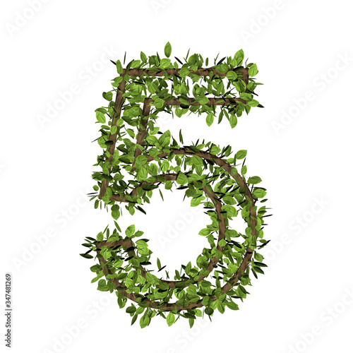 Leaf style number five, 5. 3D render of grass font isolated on white background