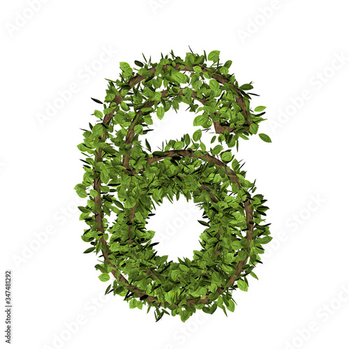 Leaf style number six, 6. 3D render of grass font isolated on white background