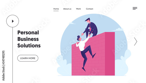 Teamwork  Mutual Assistance Landing Page Template. Business Leader Character Help Colleague Climb on High Wall. Businessman Assist Teammate to Overcome Problems. Cartoon People Vector Illustration