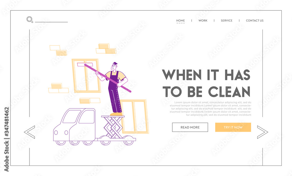 Professional Industrial Deep Cleaning Company Service Landing Page Template. Worker Character with Equipment and Vehicle Cleaning Windows Work with Elevator Platform on Car. Linear Vector Illustration