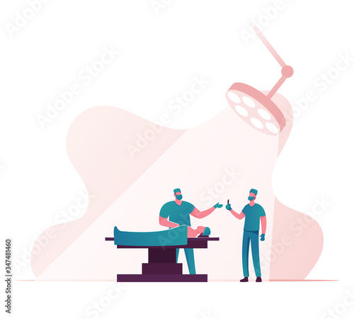 Surgeon Characters Holding Scalpel Prepare to Make Operation to Patient Lying on Bed at Surgery Room in Clinic. Rhinoplasty, Emergency Medical Treatment Health Care. Cartoon People Vector Illustration