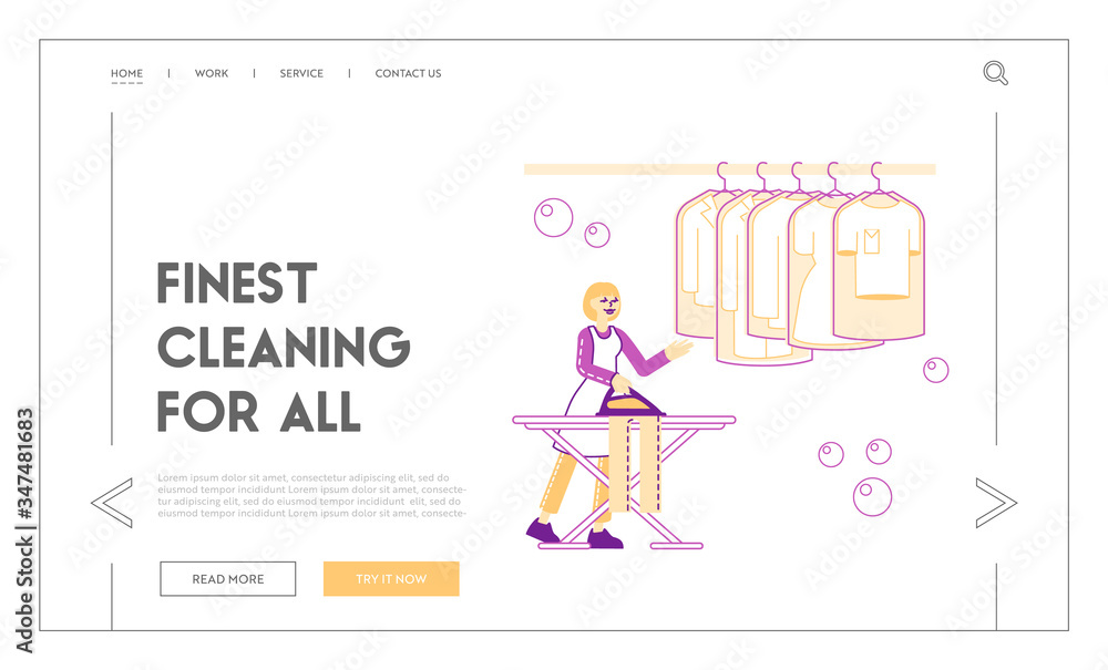 Housewife or Maid in Laundrette Landing Page Template. Female Character Employee of Cleaning Service Working. Girl Ironing Clean Clothes in Public or Hotel Laundry. Linear People Vector Illustration