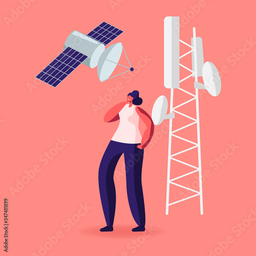 Woman Character Stand near Transmission Tower with Satellite in Sky. Meteorology Equipment, 5G Internet Communication Services and Smart Technologies, Tech Progress. Cartoon Vector Illustration