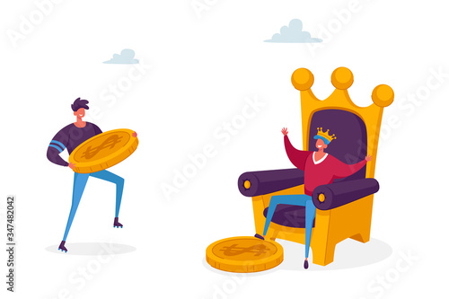 Hype, Viral Info in Social Network, Trends in Advertising, News and Public Relations Concept. Male Character Give Golden Money Coin to King Sitting on Throne. Cartoon People Vector Illustration
