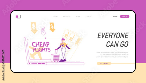 Cheap Flight, Travel Budget Landing Page Template. Tiny Female Character Stand at Huge Laptop with Low Cost Tickets Offer for Airplane Traveling. Discount Airline Offer. Linear Vector Illustration