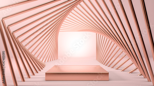 Abstract image of golden stage  podium or pedestal in geometrical golden tunnel over pink backgorund. .Cosmetics and fashion image. 3d render