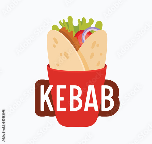 Kebab Banner, Meat Rolled in Pita Bread and Typography Isolated on White Background. Creative Badge with Vegetables in Pita. Fastfood Cafe, Doner Kebab Restaurant Icon, Badge. Vector Illustration