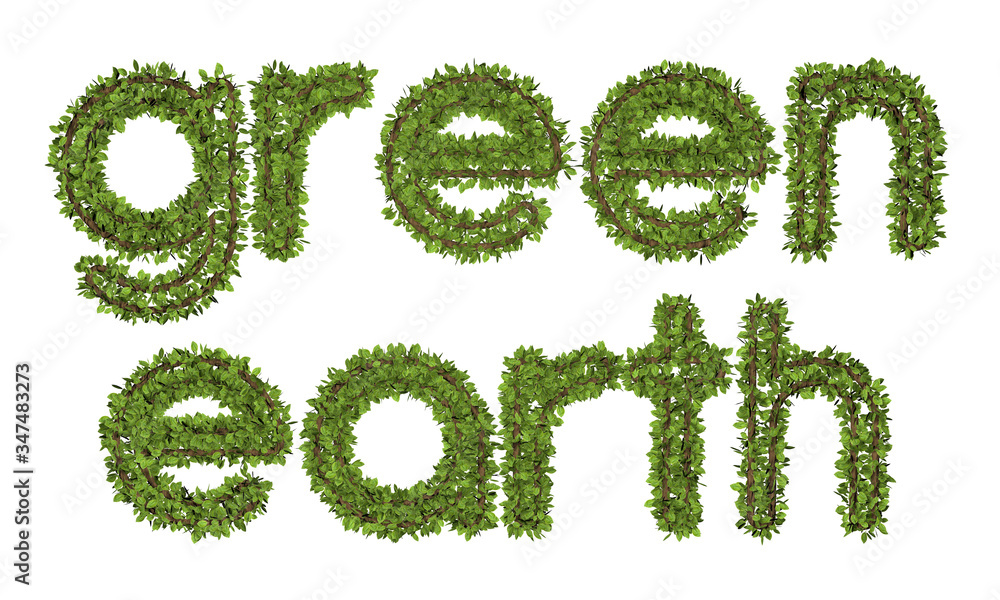 3D green earth text on white background. Leaf style text. 3D green earth text on white background. Leaf style text.