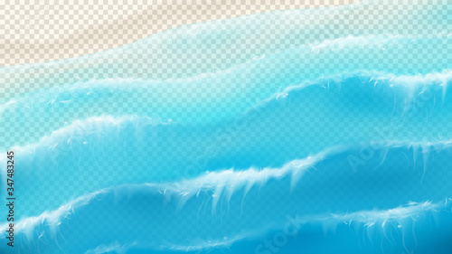 Top view on foamy sea waves. Realistic aerial view on foamy sea water isolated on chekered background. Vector illustration with cascade of ocean waves.