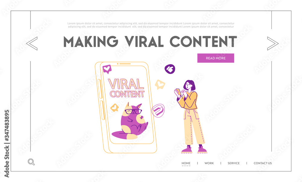 Viral Content Spreading, Followers Attraction, Feedback Landing Page Template. Female Character at Huge Smartphone with Funny Cat on Screen Use Mobile. Thumb Up and Magnet. Linear Vector Illustration