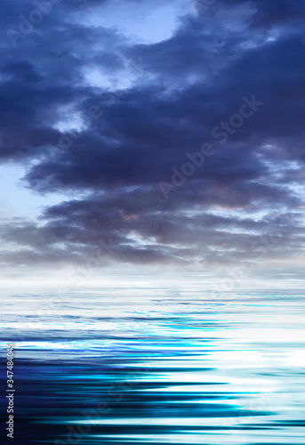 Night seascape. Dark landscape with a marine background and sunset, moon. Abstract night landscape in blue light. Reflection of the moon in the night water. Empty futuristic landscape.