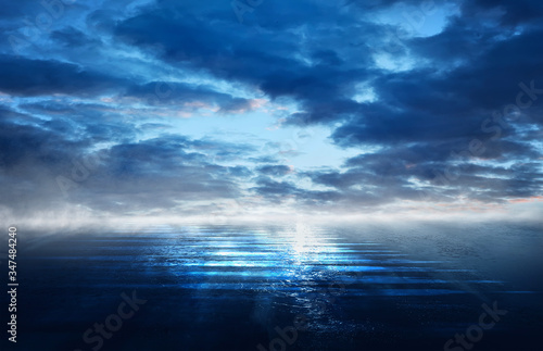 Night seascape. Dark landscape with a marine background and sunset  moon. Abstract night landscape in blue light. Reflection of the moon in the night water. Empty futuristic landscape.