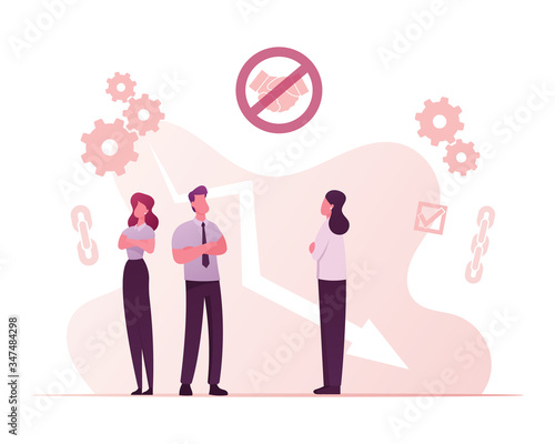 Broken Trust Concept. Business Characters Stand with Crossed Arms Avoiding Handshake. Betrayal, Communication Problems, People dont Believe Each Other, Bad Reputation. Cartoon Vector Illustration
