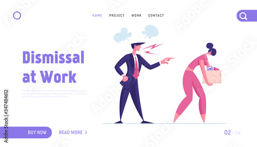 Firing  Dismissal Landing Page Template. Sad Girl with Carton Box Walking Out of Office with Angry Boss Pointing to Exit. Woman Employee Character Fired From Job. Cartoon People Vector Illustration