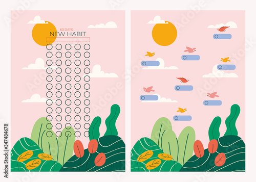 Hand-drawn cute template habit tracker for 60 days template.