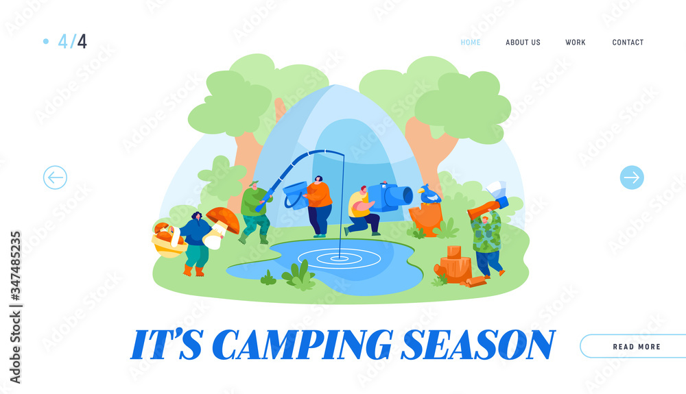 People Having Outdoors Active Nature Rest Landing Page Template. Characters Hobby at Leisure Time. Men Women Relaxing, Fishing, Taking Pictures, Pick Up Mushrooms, Camping. Cartoon Vector Illustration