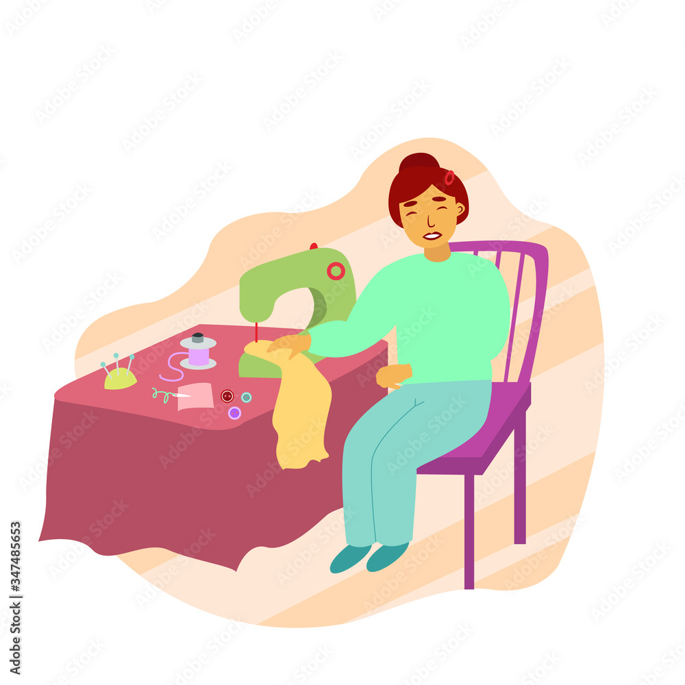 Girl seamstress at the workplace. Woman working in a sewing machine. Vector illustration.