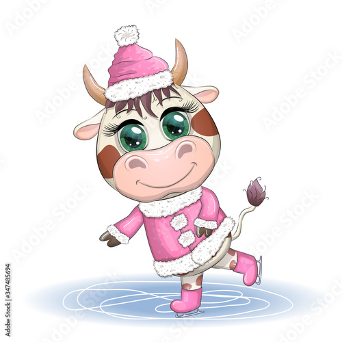 Cow on skates flat vector animal, lovely cow skating, brown cow making winter sport, outdoor winter activity