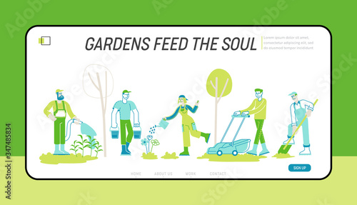 Gardening Work Landing Page Template. Farmers or Gardeners Planting and Caring of Trees and Plants. Characters Working in Garden Watering, Digging, Care of Flowers. Linear People Vector Illustration