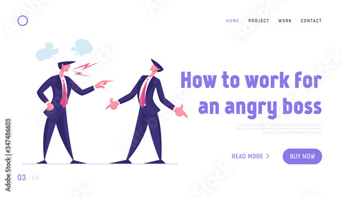 Businessman Worker in Stress Situation Landing Page Template. Angry Furious Boss Character Yelling at Male Employee Scolding for Incompetent Work Bullying in Office. Cartoon People Vector Illustration