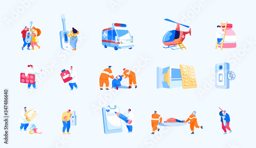 Set of Air Rescue and Emergency Medical Service on Ground. Male and Female Paramedic Characters Evacuate Injured Patients People, Doctors Isolated on White Background Cartoon Vector Illustration